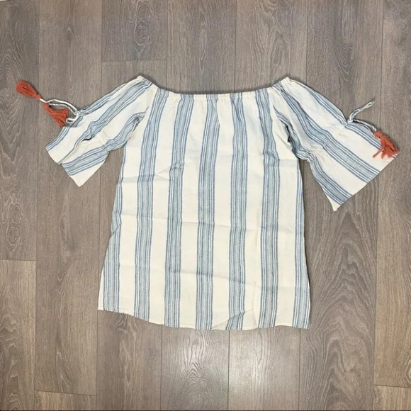 Revolve Tularosa Sara Mini Dress Chambray Striped Off The Shoulder Linen - Picture 15 of 16